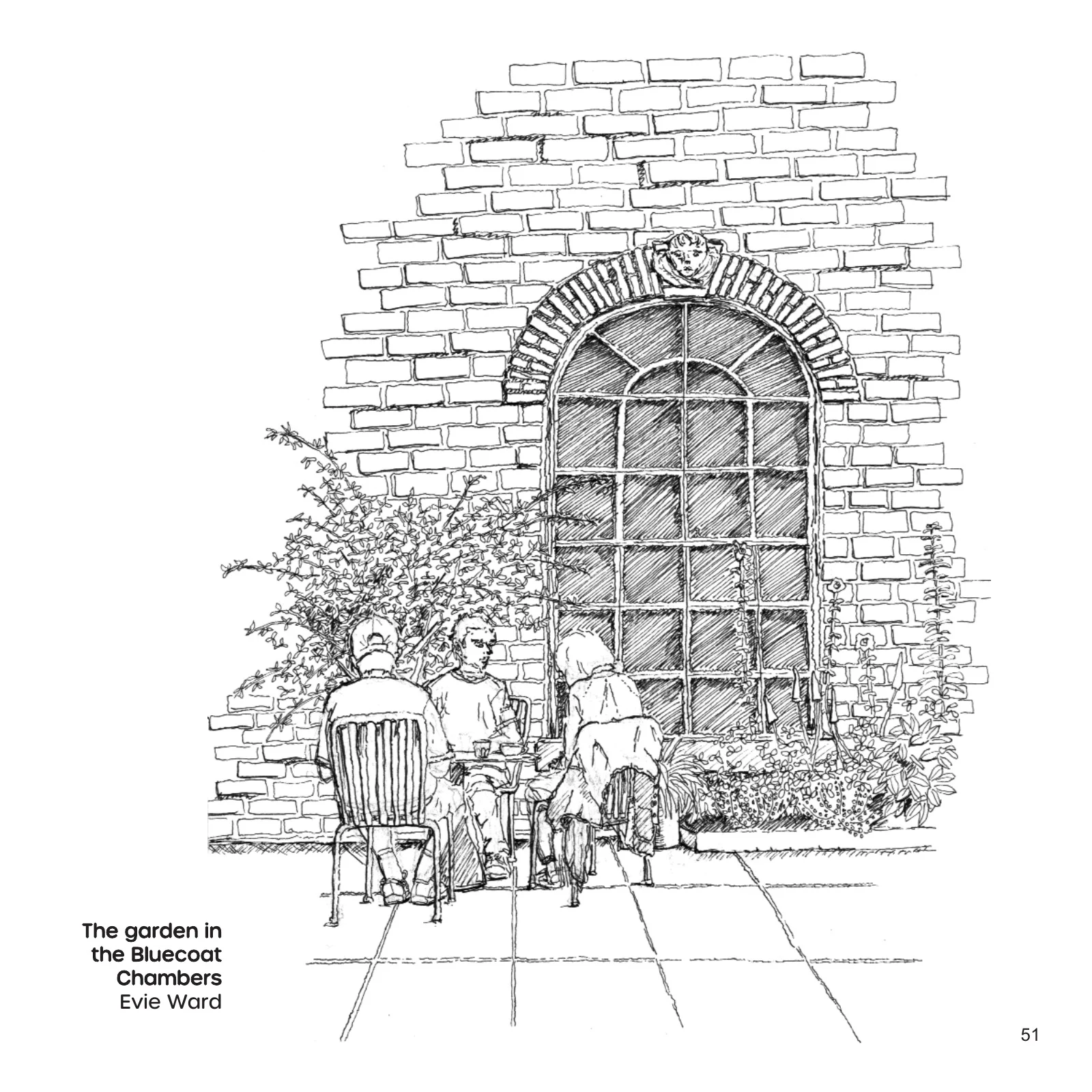 Evie Ward’s drawing of people seated in the Bluecoat garden